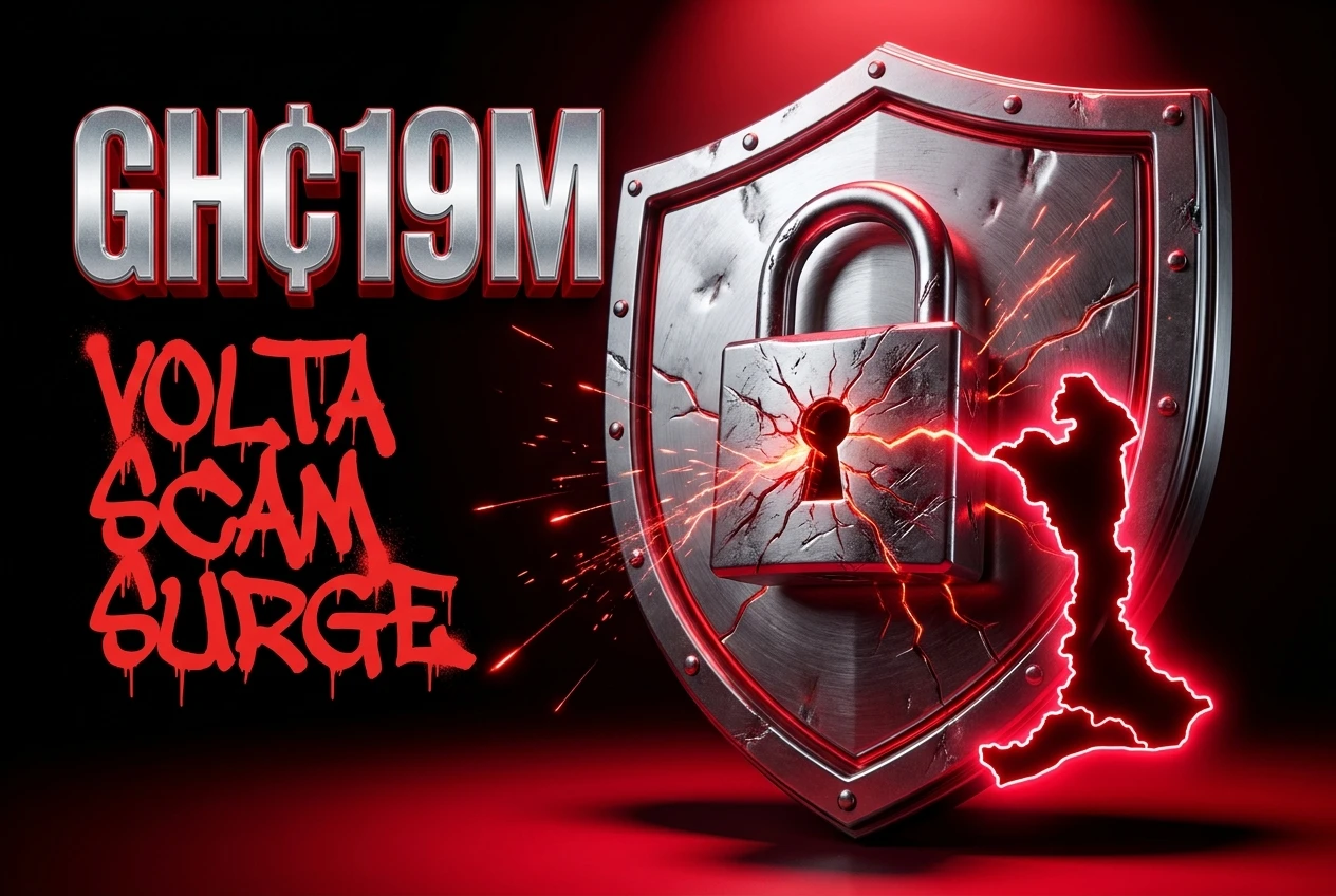 Cyber Security Authority shield over Volta Region map showing GHC19 million scam alert.
