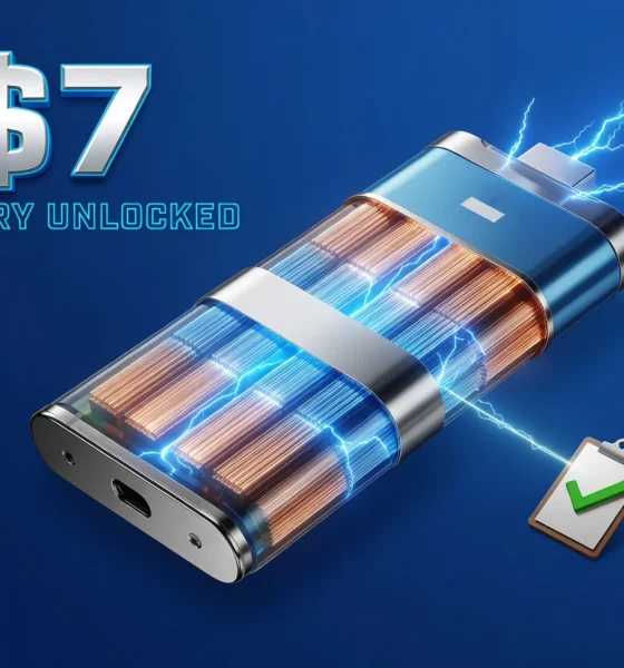 Enovix silicon anode smartphone battery cell with Honor qualification stamp and rising price target chart.