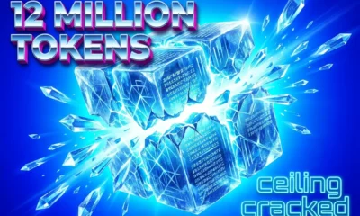 Fractured chrome cube bursting open with glowing text fragments representing a 12 million token AI context window.