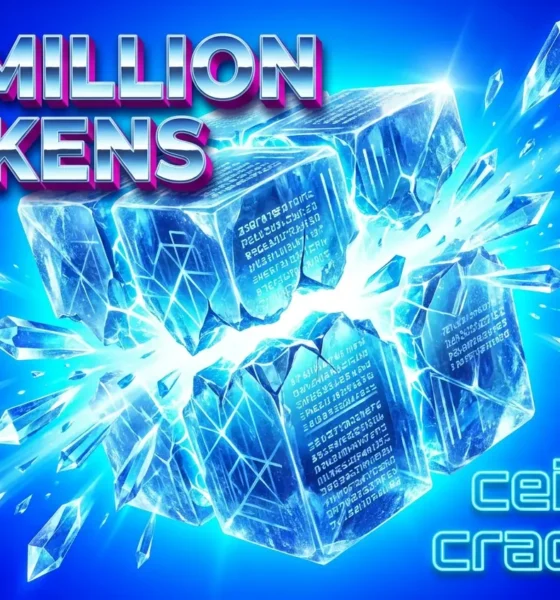 Fractured chrome cube bursting open with glowing text fragments representing a 12 million token AI context window.