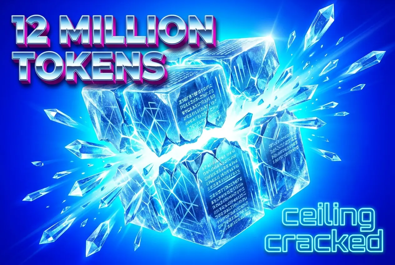Fractured chrome cube bursting open with glowing text fragments representing a 12 million token AI context window.