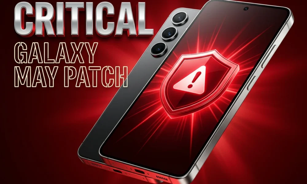 Galaxy S25 phone display showing critical May security patch alert with red shield emblem.