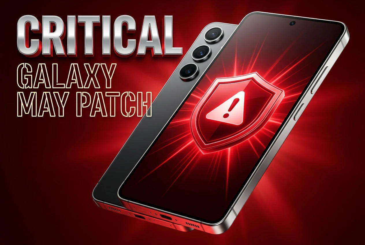 Galaxy S25 phone display showing critical May security patch alert with red shield emblem.