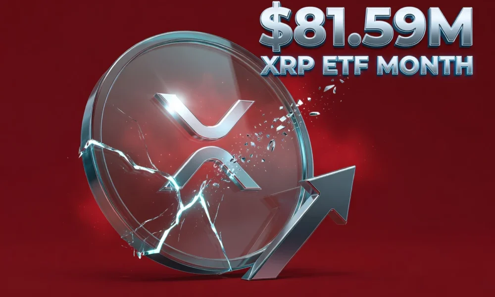 Glass XRP coin cracking under giant red percent sign showing April ETF inflows.