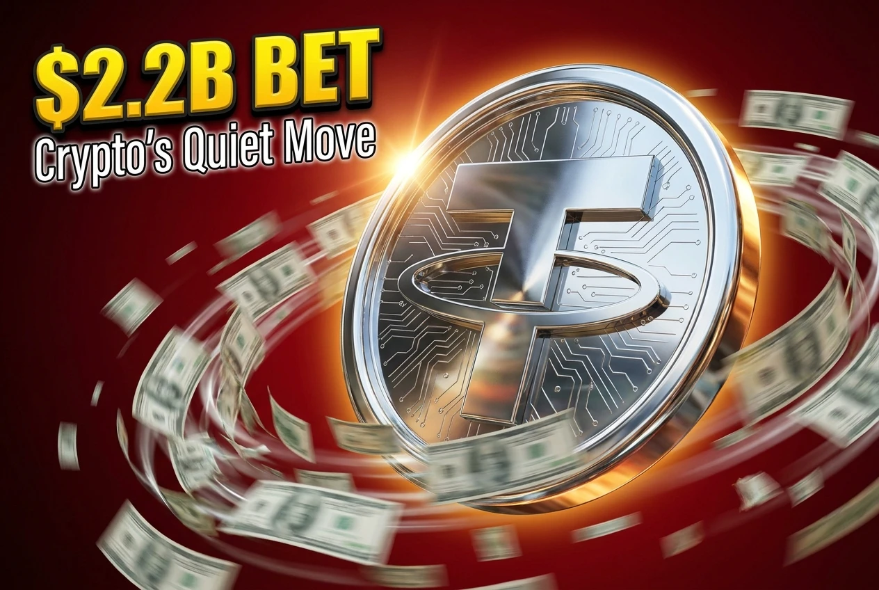 Glossy chrome stablecoin disk with swirling dollar banknotes against a deep crimson backdrop.