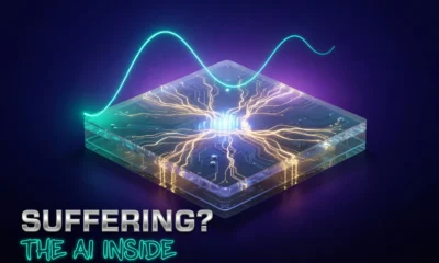 Glowing AI processor chip showing internal neural light patterns representing machine emotional states.