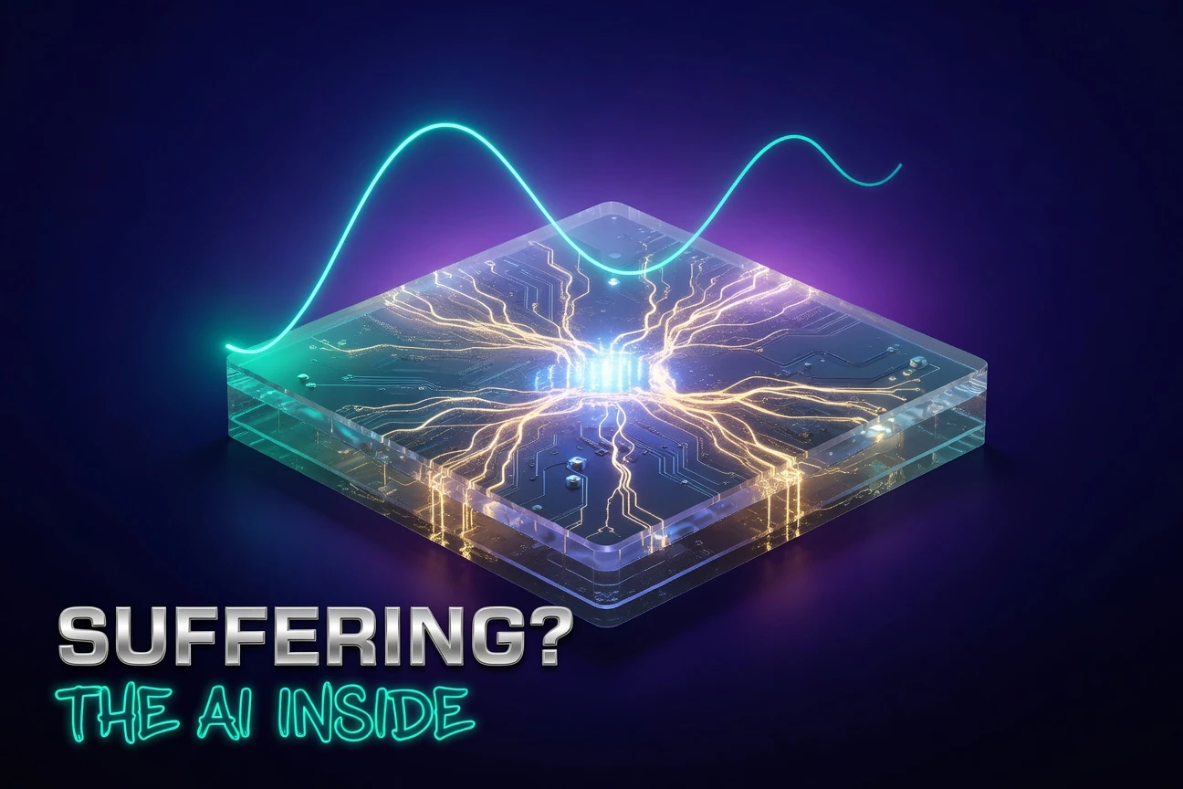 Glowing AI processor chip showing internal neural light patterns representing machine emotional states.
