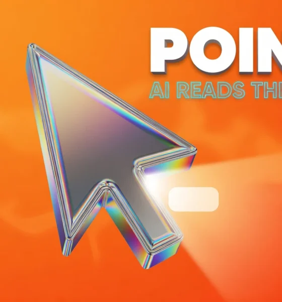 Glowing chrome 3D cursor arrow scanning an abstract screen element for Google AI Pointer launch.