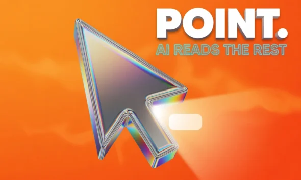 Glowing chrome 3D cursor arrow scanning an abstract screen element for Google AI Pointer launch.