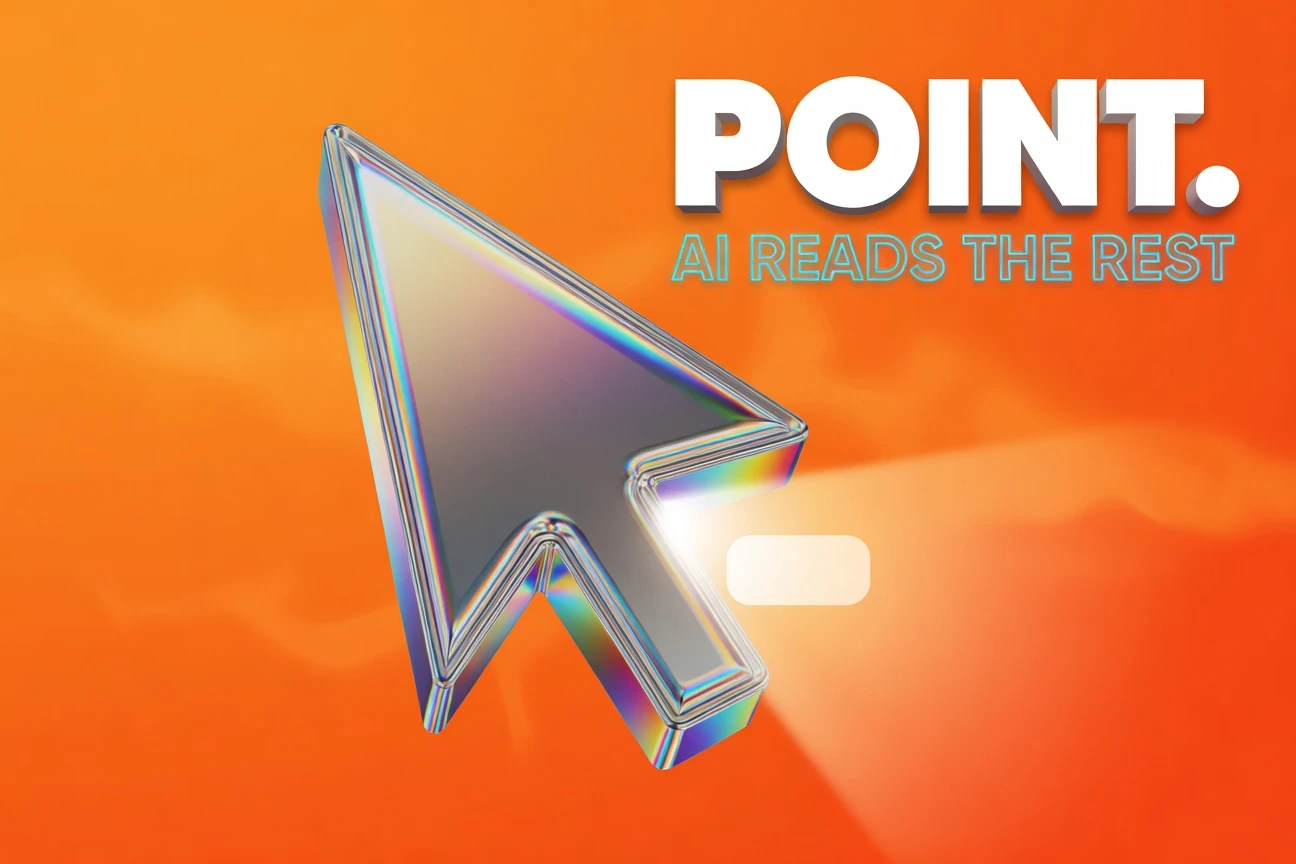 Glowing chrome 3D cursor arrow scanning an abstract screen element for Google AI Pointer launch.
