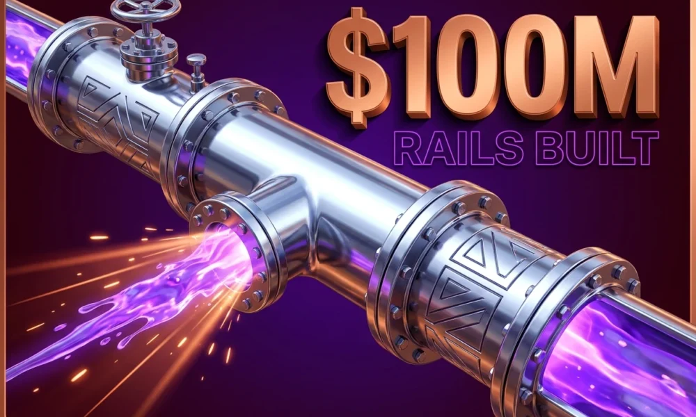 Glowing chrome crypto trading rail pipeline with purple energy flow representing MoonPay DFlow acquisition.