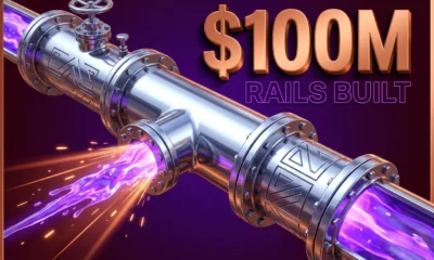 Glowing chrome crypto trading rail pipeline with purple energy flow representing MoonPay DFlow acquisition.