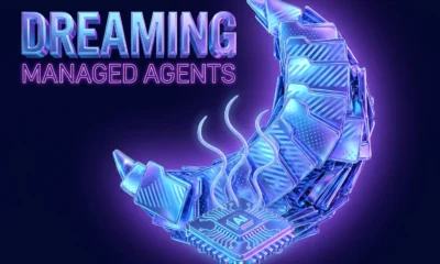 Glowing chrome memory cards forming a crescent moon for Claude Managed Agents dreaming feature.