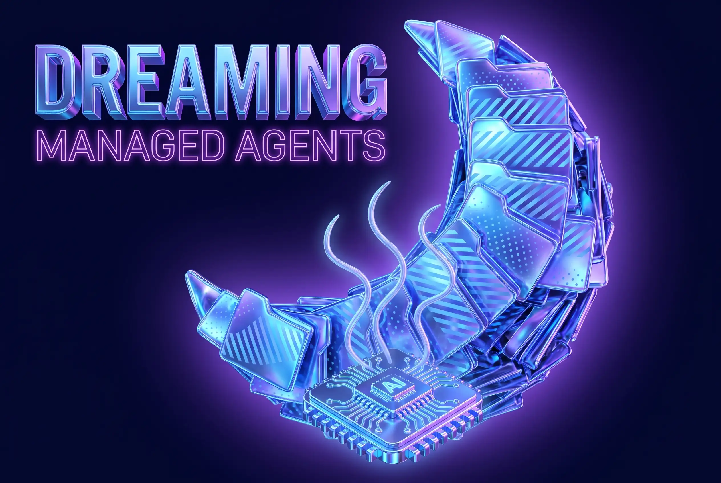 Glowing chrome memory cards forming a crescent moon for Claude Managed Agents dreaming feature.