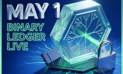 Glowing crystalline cryptographic seal pressing onto an Android binary transparency public ledger surface.