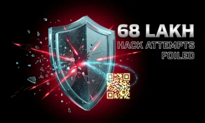 Glowing digital shield blocking red attack streams above an India election results dashboard.