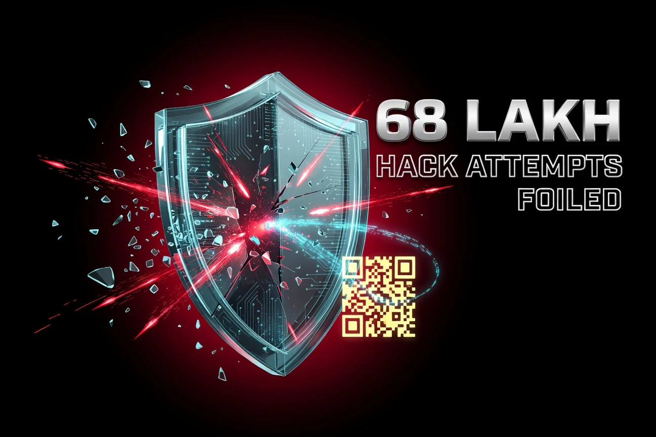 Glowing digital shield blocking red attack streams above an India election results dashboard.
