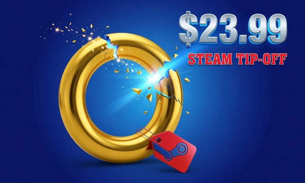 Glowing gold sonic ring cracking open above a sale price tag on royal blue background.