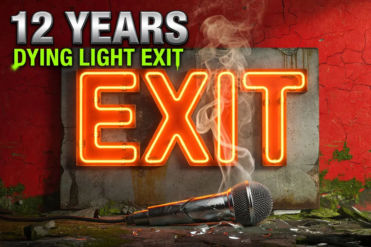 Glowing neon exit sign over a Dying Light franchise farewell graphic for Tymon Smektala departure.