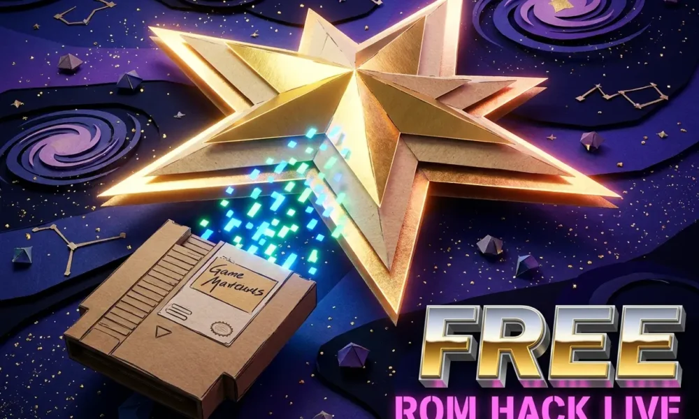 Glowing papercraft star with retro game cartridge announcing free Paper Mario ROM hack on PC.