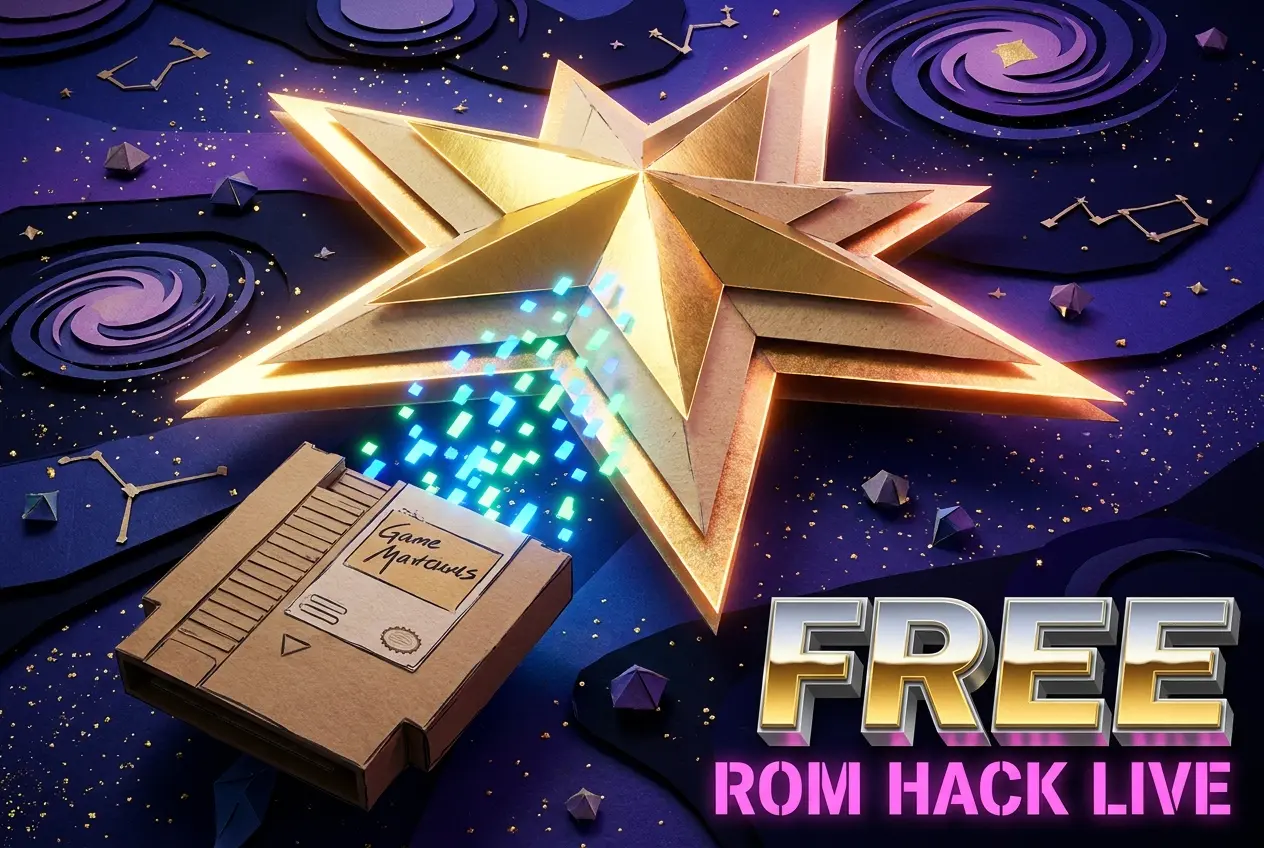 Glowing papercraft star with retro game cartridge announcing free Paper Mario ROM hack on PC.