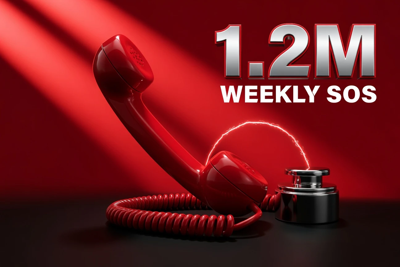 Glowing red emergency phone receiver lit by sirens with neon SOS lighting on dark background.