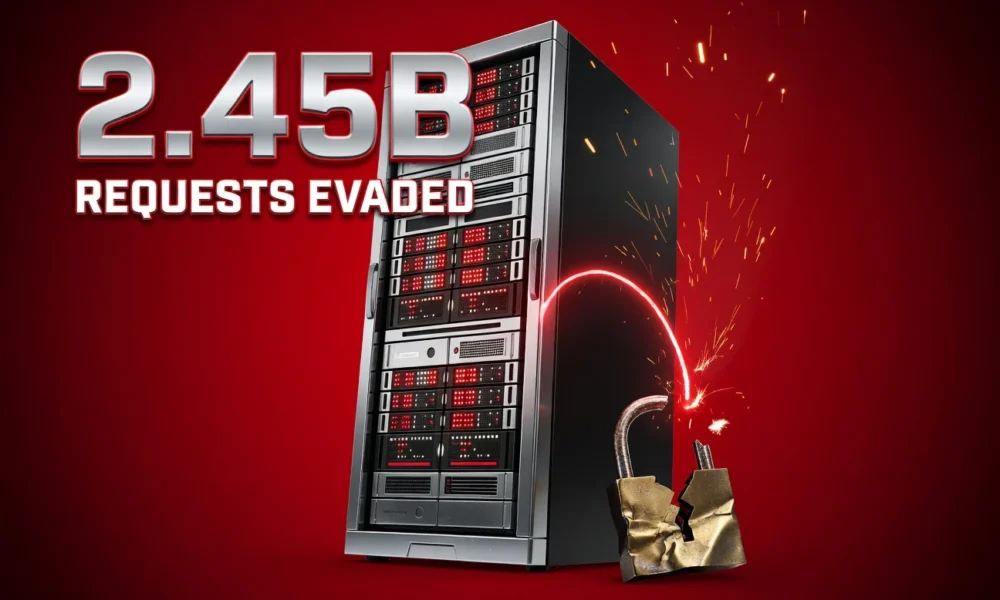 Glowing red server rack under low-and-slow distributed denial of service attack visualization.