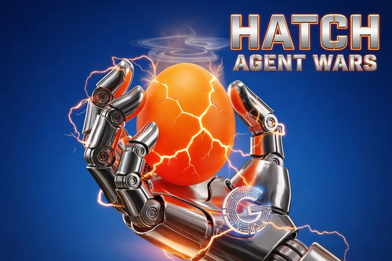 Glowing robotic claw cradling a bright orange egg amid sparks signaling Meta and Google AI agent race.