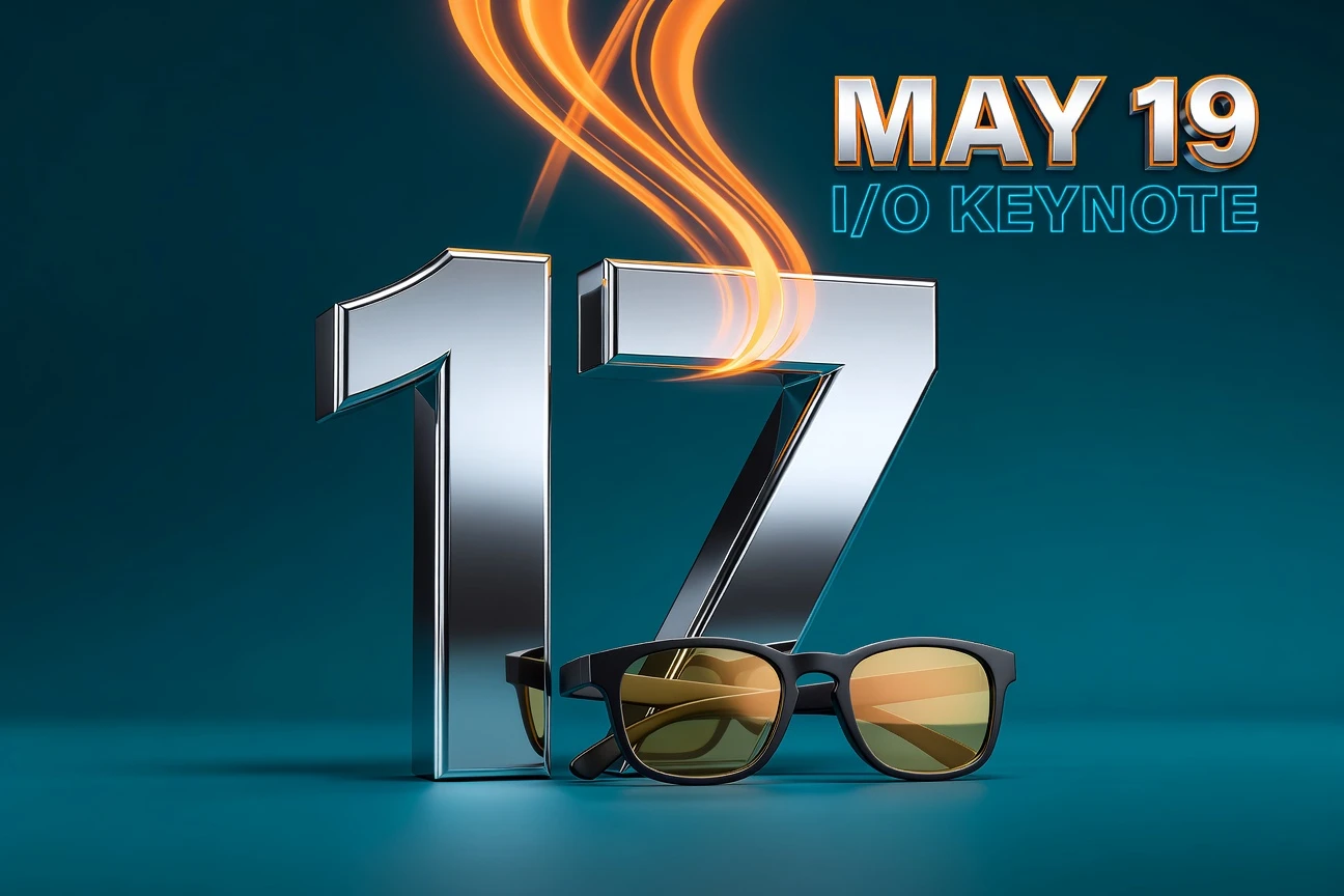 Google I/O 2026 keynote preview with Android 17 numeral and smart glasses concept.