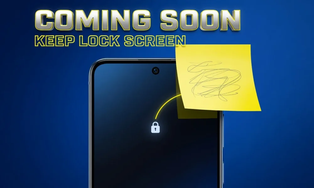 Google Keep yellow sticky note pinned on a glowing Android phone lock screen.