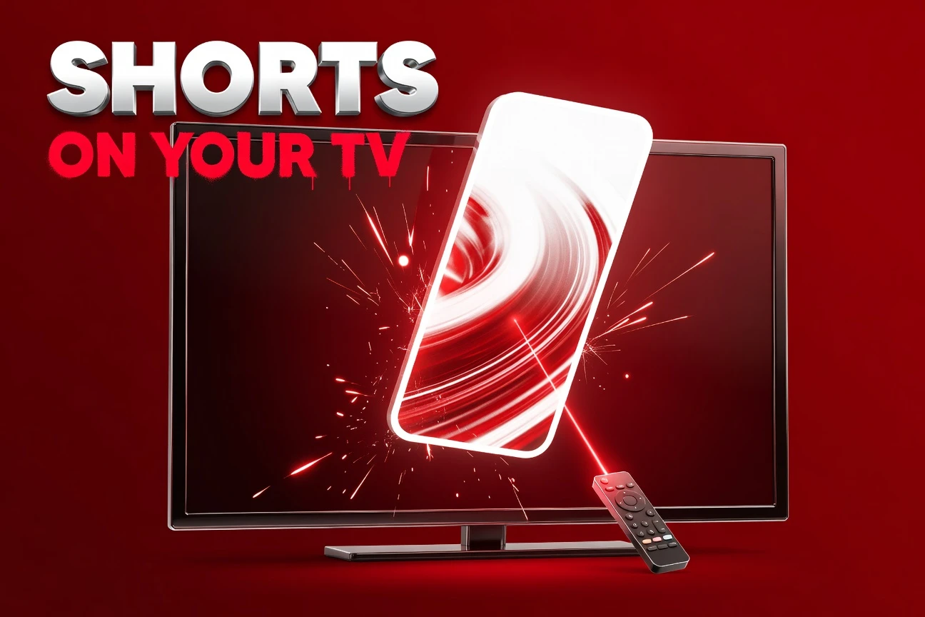Google TV remote pointing at home screen with vertical YouTube Shorts row replacing movie tiles.