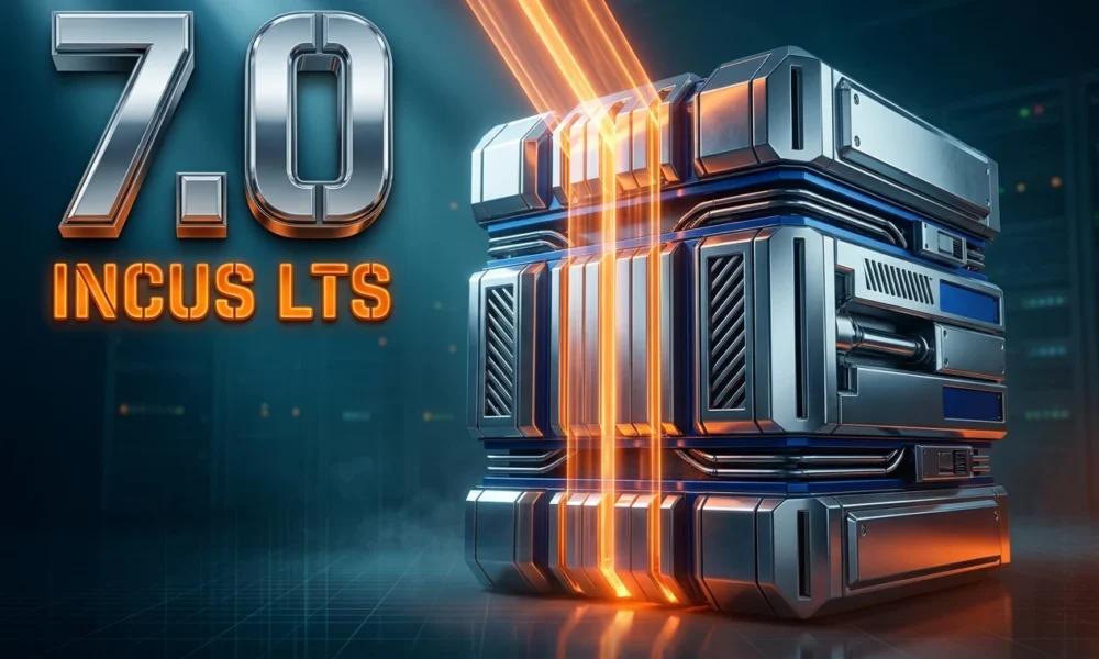 Incus 7.0 LTS container manager release graphic with chrome storage module and orange light beam.