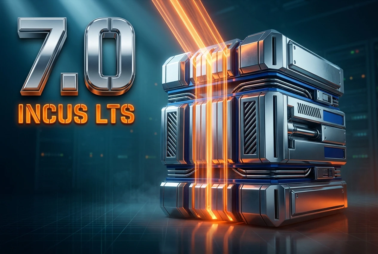 Incus 7.0 LTS container manager release graphic with chrome storage module and orange light beam.