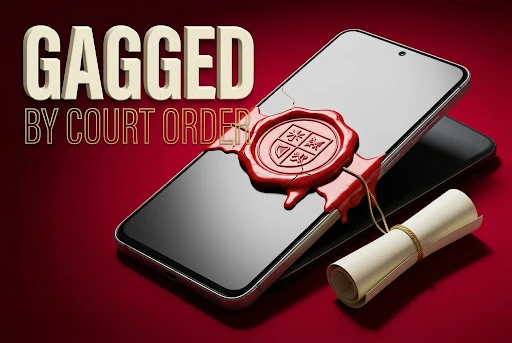 Indian budget smartphone sealed shut by a red wax court-order stamp on its glass screen.