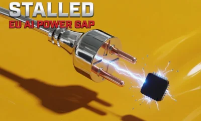 Industrial power plug suspended before connecting to an AI chip socket, Europe's stalled compute race.