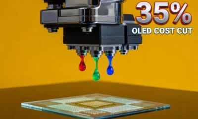 Inkjet printer head depositing red green blue OLED ink onto a Gen 8.6 glass laptop substrate.