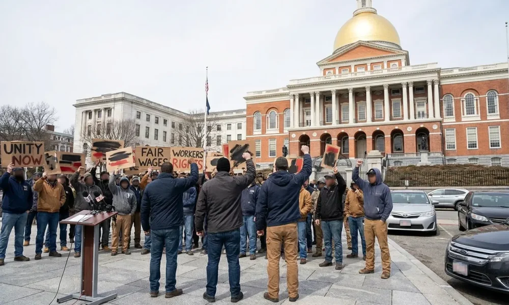 Massachusetts rideshare union rally outside Boston State House for Uber Lyft drivers.
