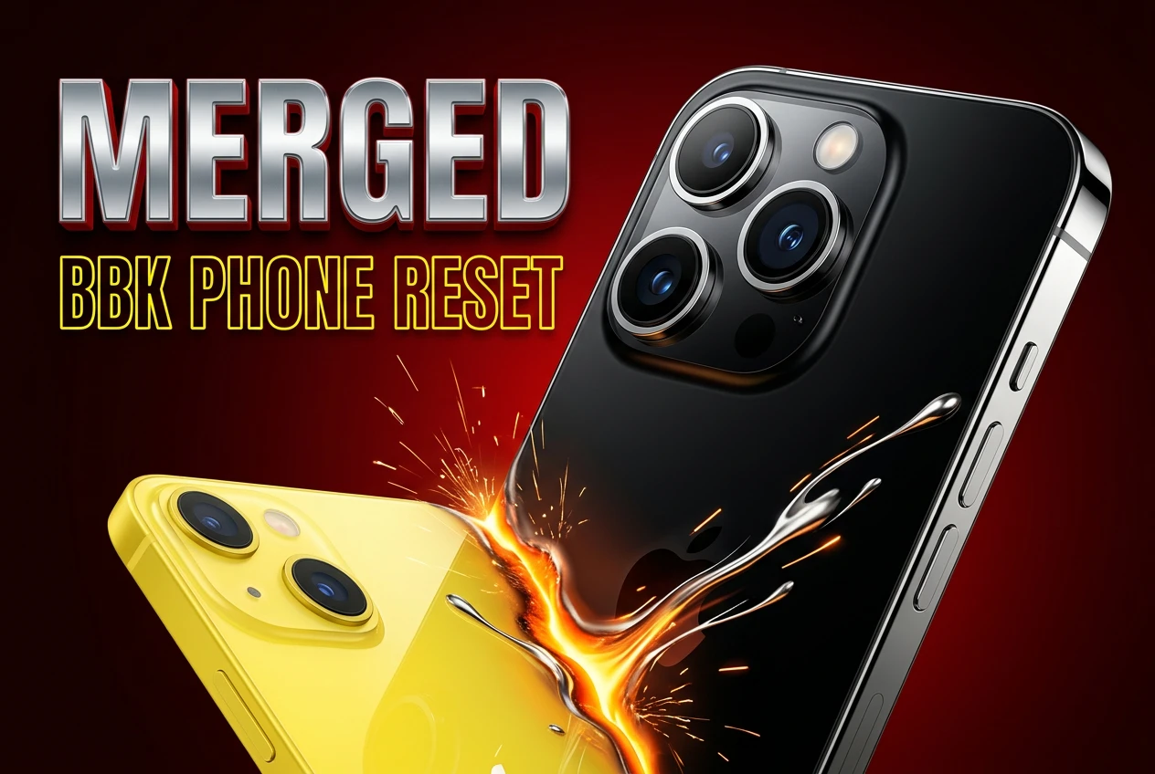 OnePlus phone fusing into a smaller Realme handset under a corporate consolidation banner.