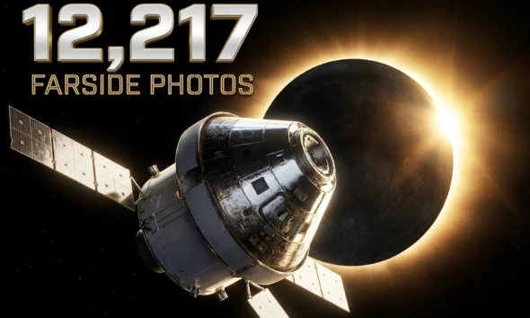 Orion spacecraft silhouette against lunar farside with solar eclipse corona during Artemis II flyby.