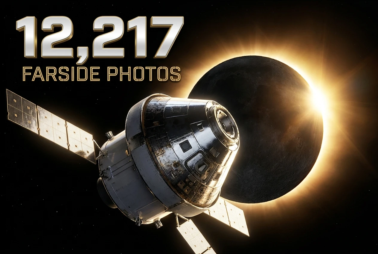 Orion spacecraft silhouette against lunar farside with solar eclipse corona during Artemis II flyby.