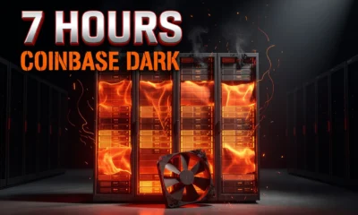 Overheating server rack in dark data center halls Coinbase trading offline thermal failure.
