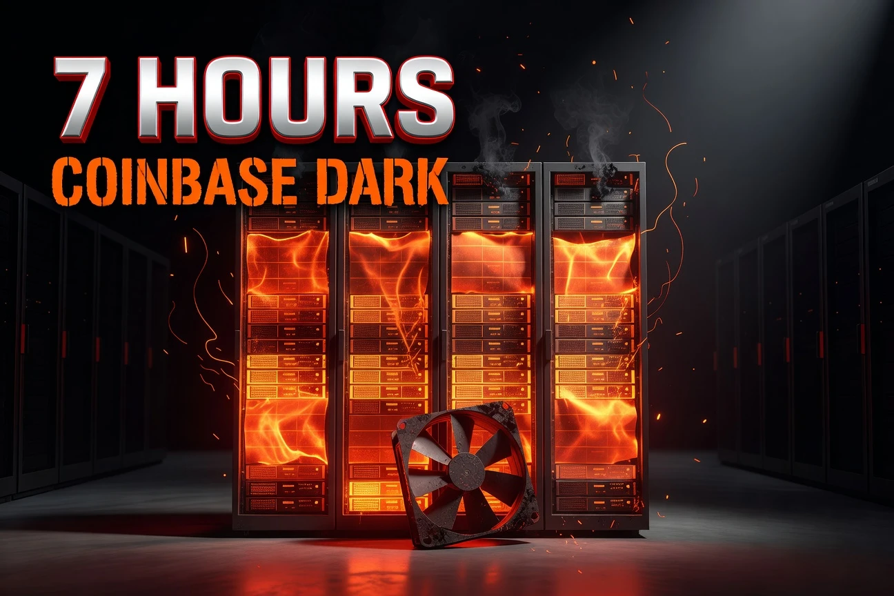 Overheating server rack in dark data center halls Coinbase trading offline thermal failure.