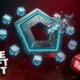 Pentagon AI vendor split with eight orbiting cubes and one isolated chip behind red razor wire.