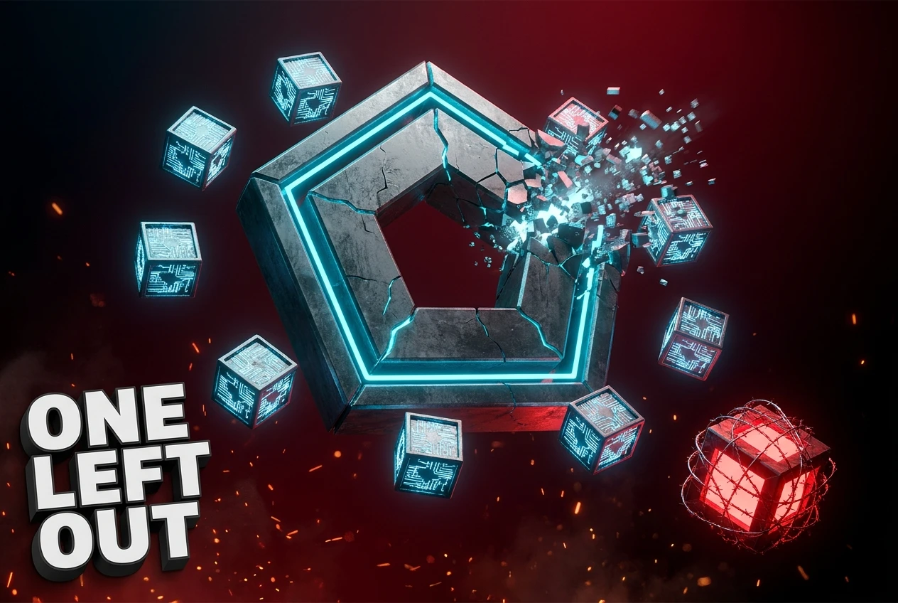 Pentagon AI vendor split with eight orbiting cubes and one isolated chip behind red razor wire.