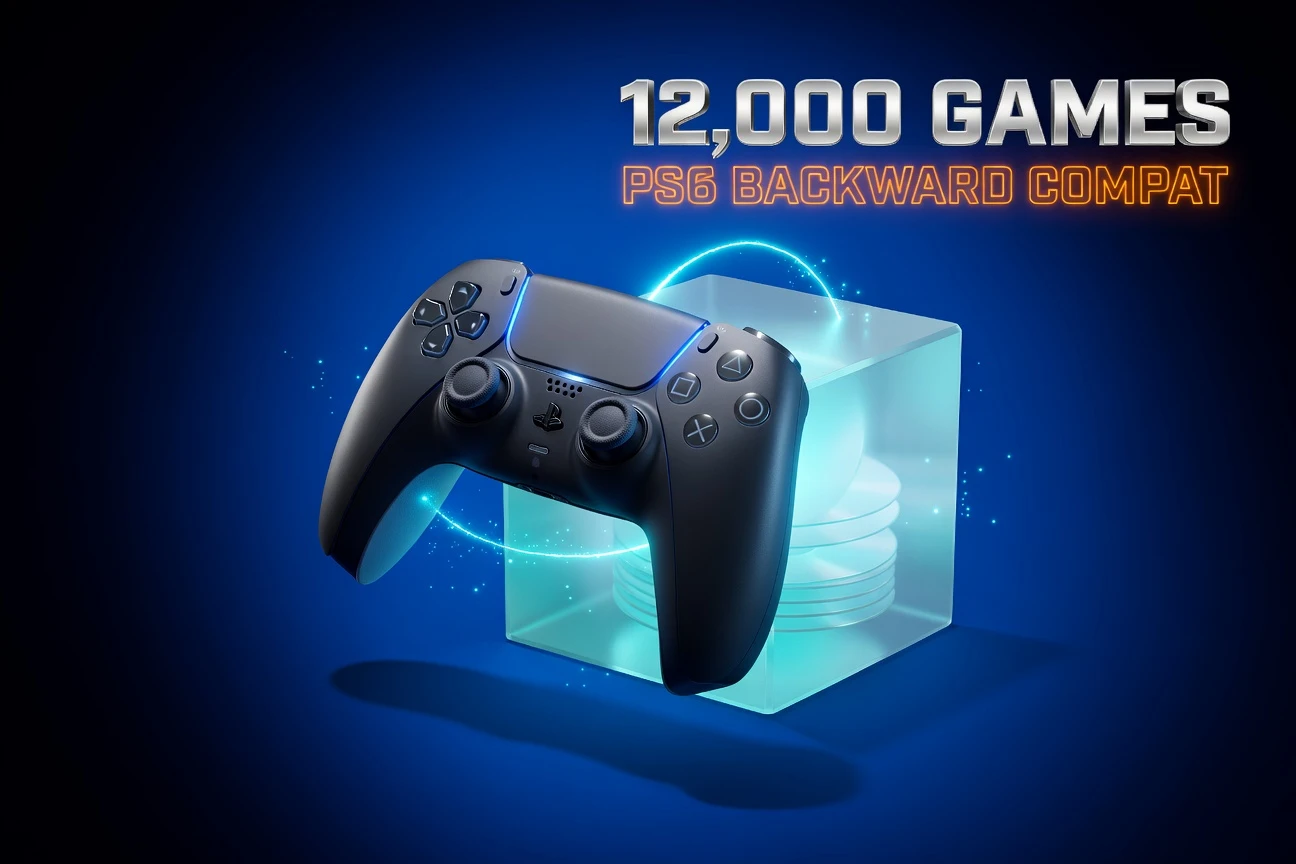 PlayStation 6 controller emerging from a glowing vault holding thousands of legacy game discs.