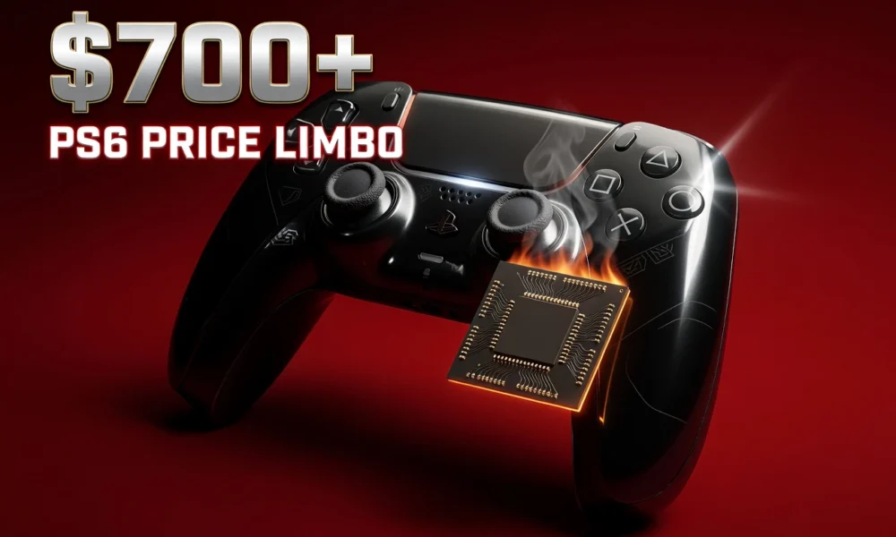 PlayStation 6 price uncertainty news thumbnail with controller and memory chip on crimson background.