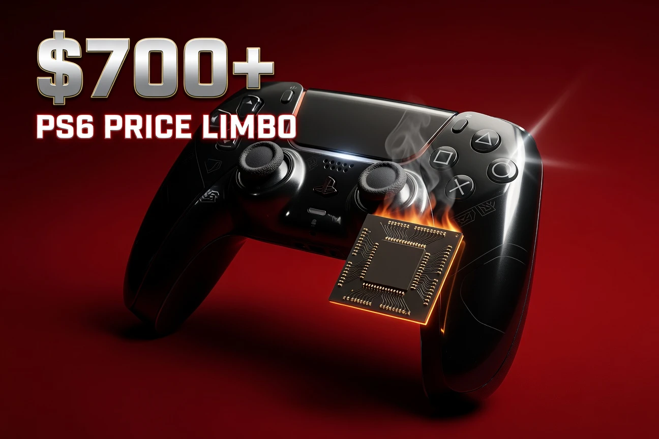 PlayStation 6 price uncertainty news thumbnail with controller and memory chip on crimson background.