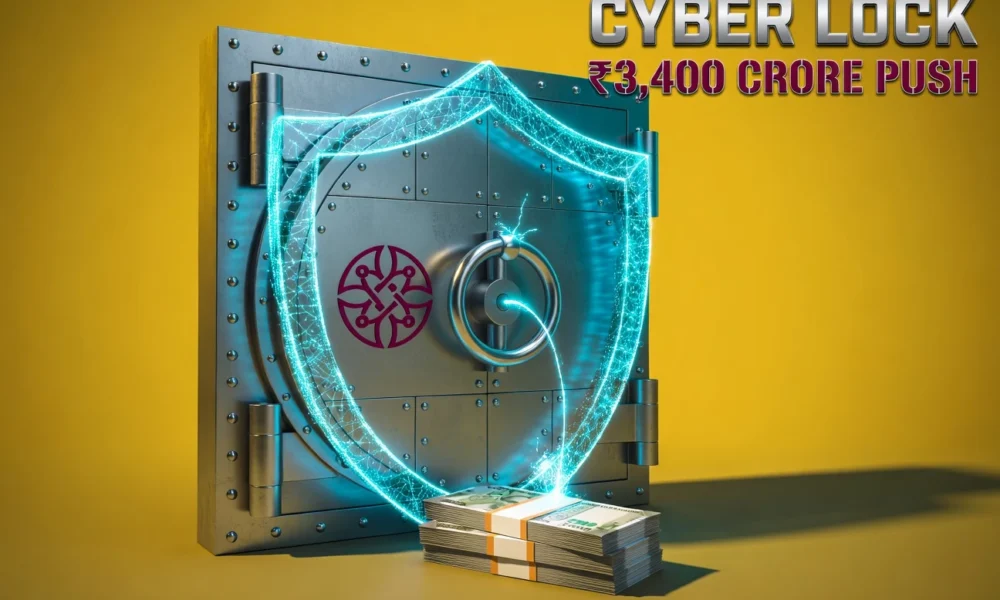PNB bank vault door sealed with glowing AI cybersecurity shield amid rupee notes.
