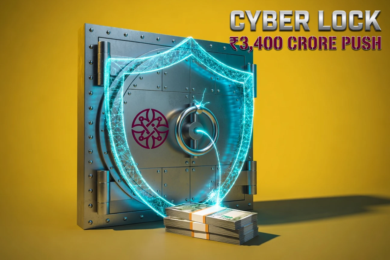 PNB bank vault door sealed with glowing AI cybersecurity shield amid rupee notes.