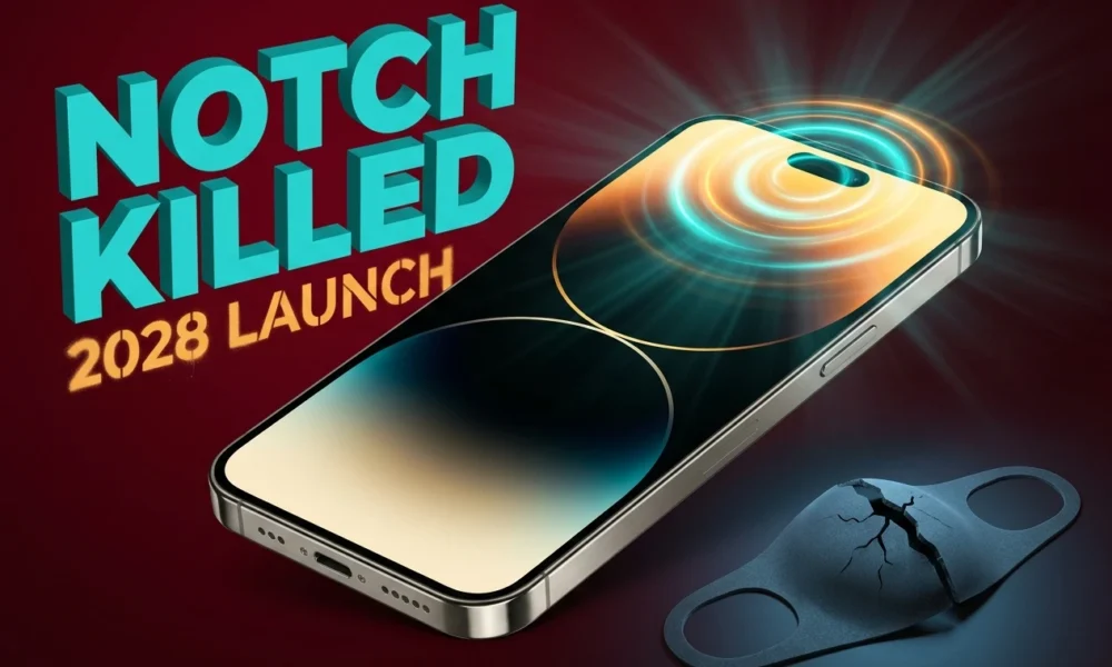 Polarization face unlock optic glowing beneath a smartphone OLED display panel.